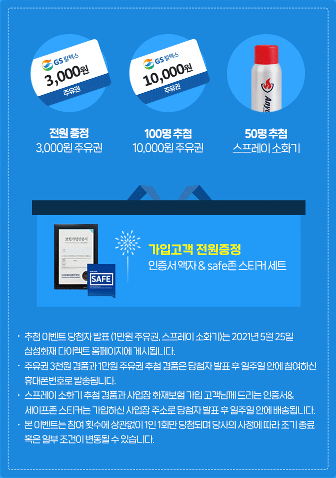 [전원 증정 : 3000원 주유권, 100명 추첨 : 10000원 주유권, 50명 추첨 : 스프레이 소화기, 가입고객 전원증정 : 인증서 액자 & safe존 스티커 세트] 당첨자는 2021년 5월 10일 삼성화재 다이렉트 홈페이지에 게시됩니다. 당첨되신 분께서는 가입하신 휴대폰 번호로 경품 배송 안내 메시지를 발송해 드립니다 본 이벤트는 참여 횟수에 상관없이 1인 1회만 당첨되며 당사의 사정에 따라 조기종료 혹은 일부 조건이 변동될 수 있습니다.